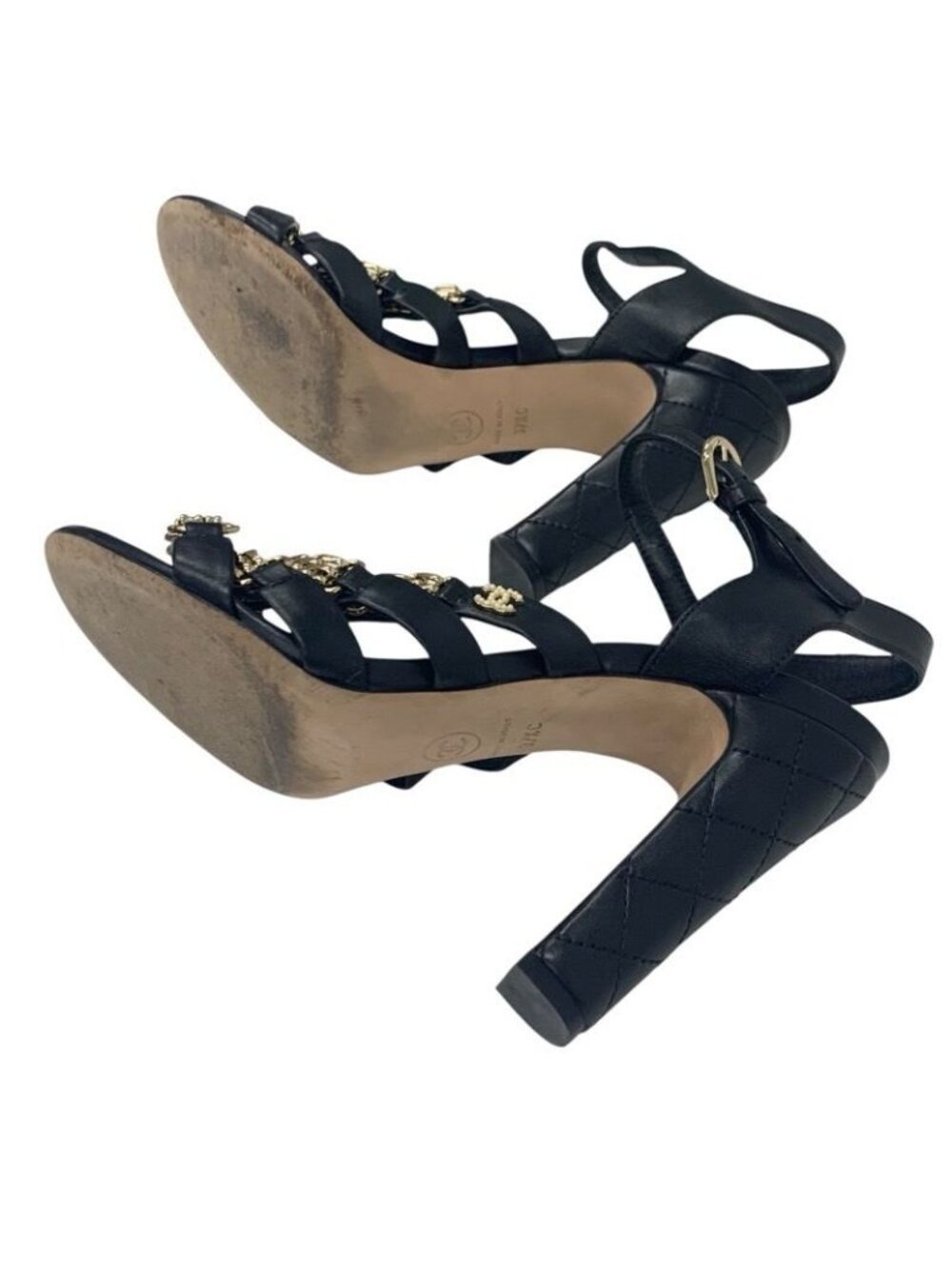 ★SOLD★ Chanel Sandals Shoes Leather Black Gold Coco Mark Chain Strap - Picture 6 of 9